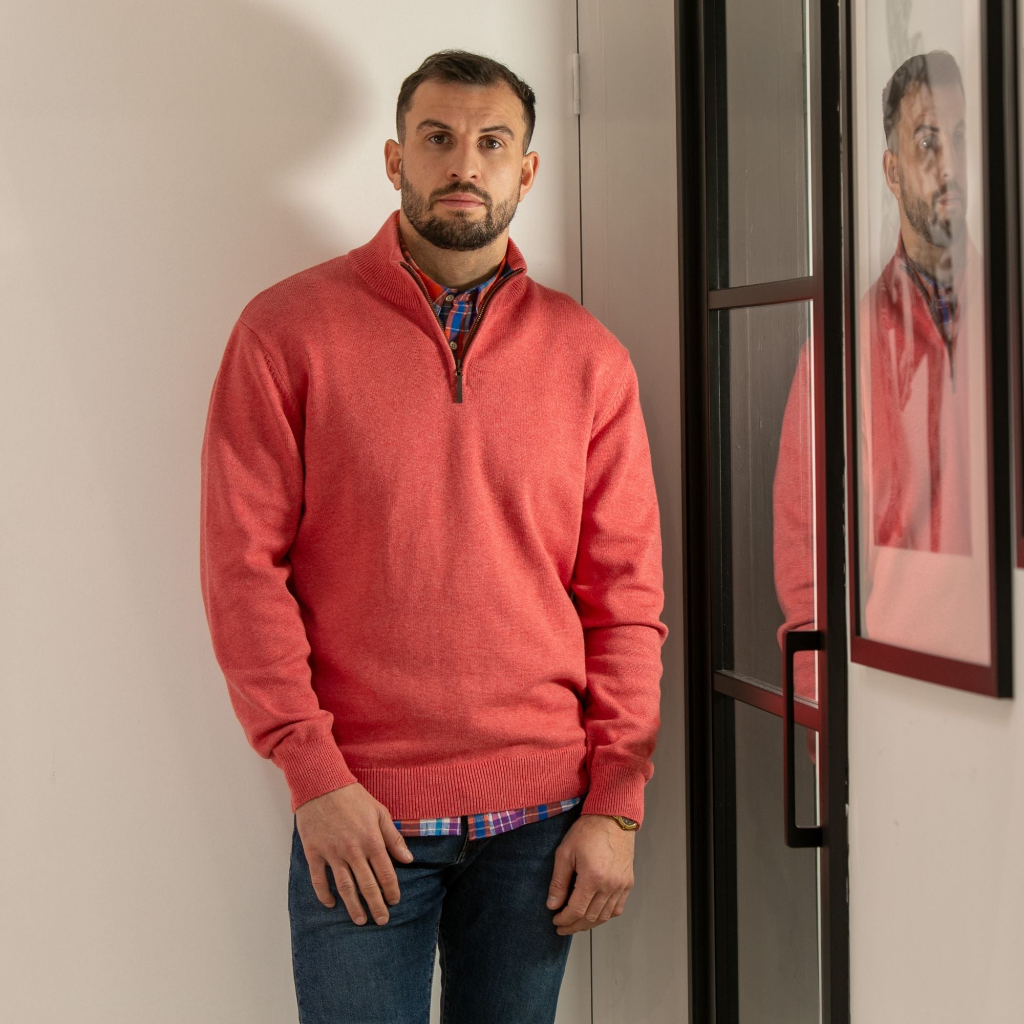 Peter Gribby Premium Combed Cotton ¼ Zip Jumper - Coral