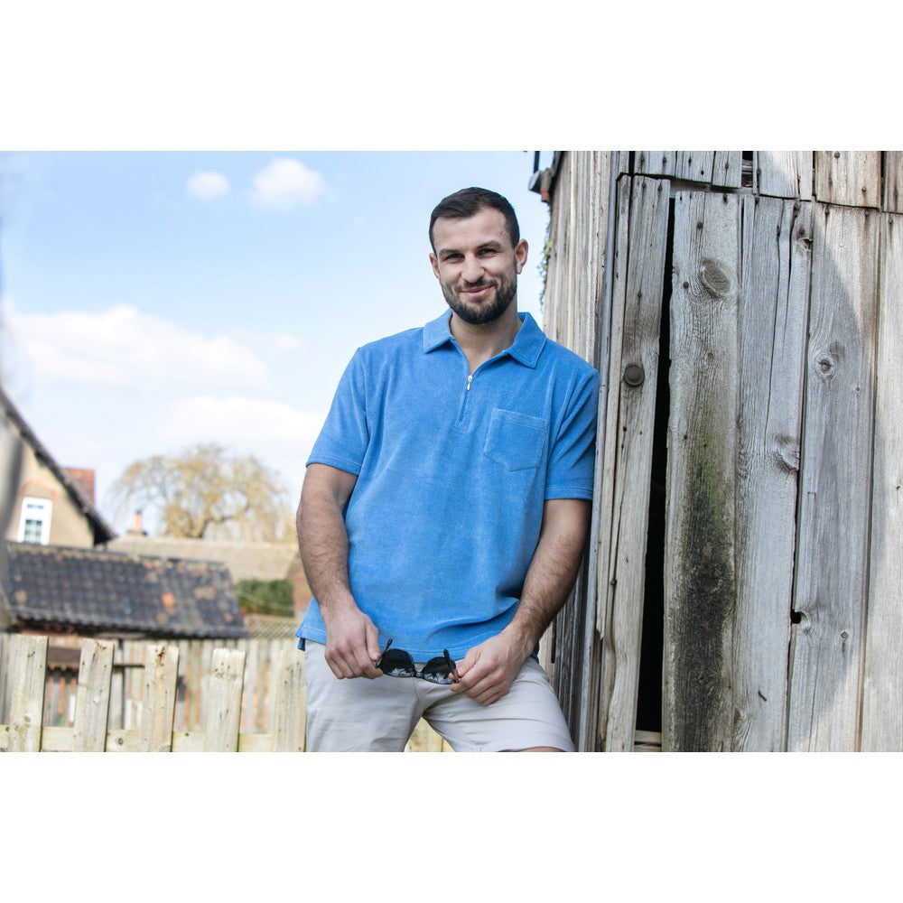Mens Terry Towelling Zip Polo Shirt - Sky