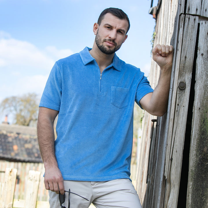 Mens Terry Towelling Zip Polo Shirt - Sky