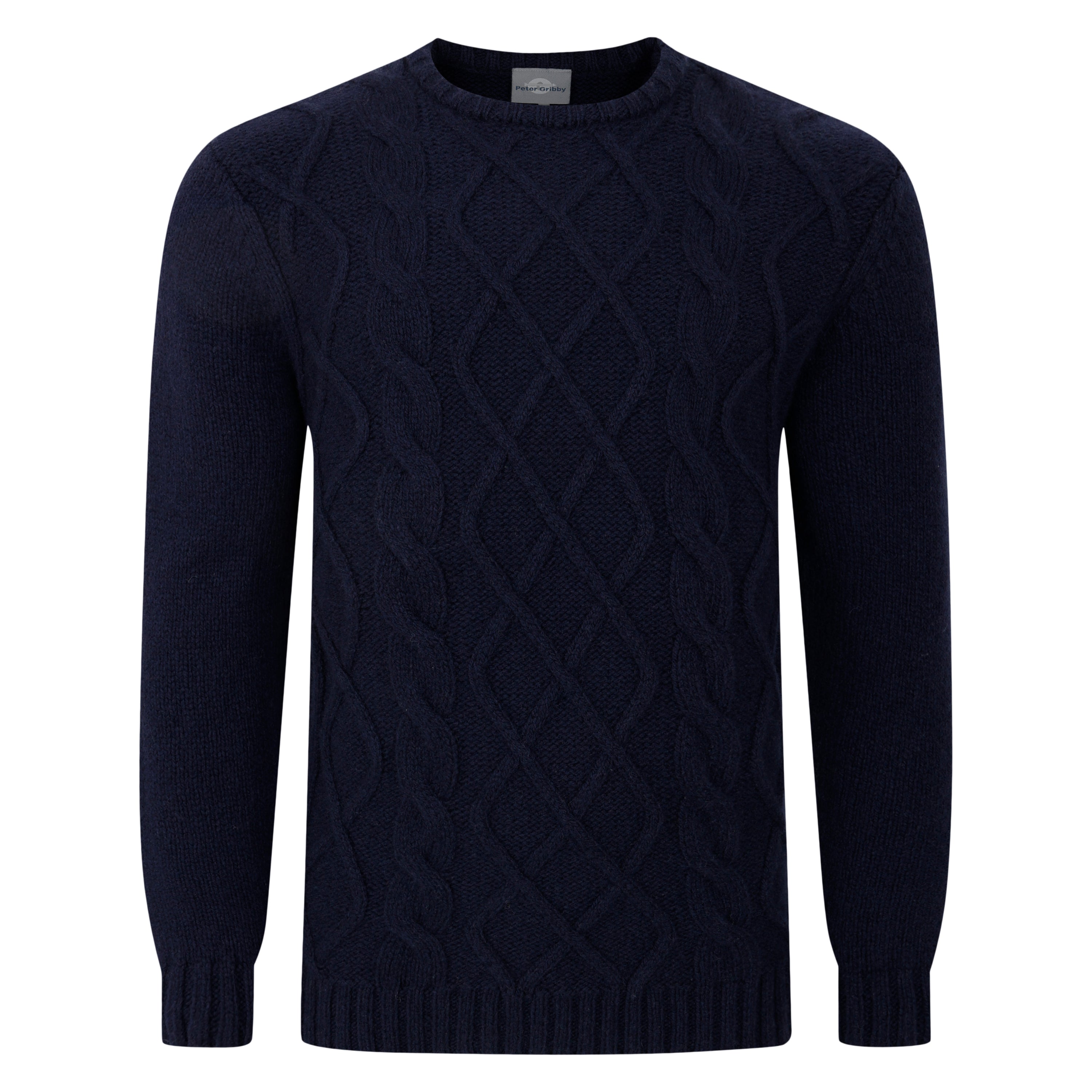 Mens Aran Cable Crew Neck Sweater - Navy