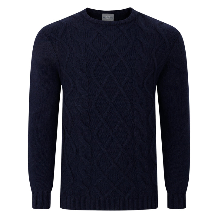 Mens Aran Cable Crew Neck Sweater - Navy