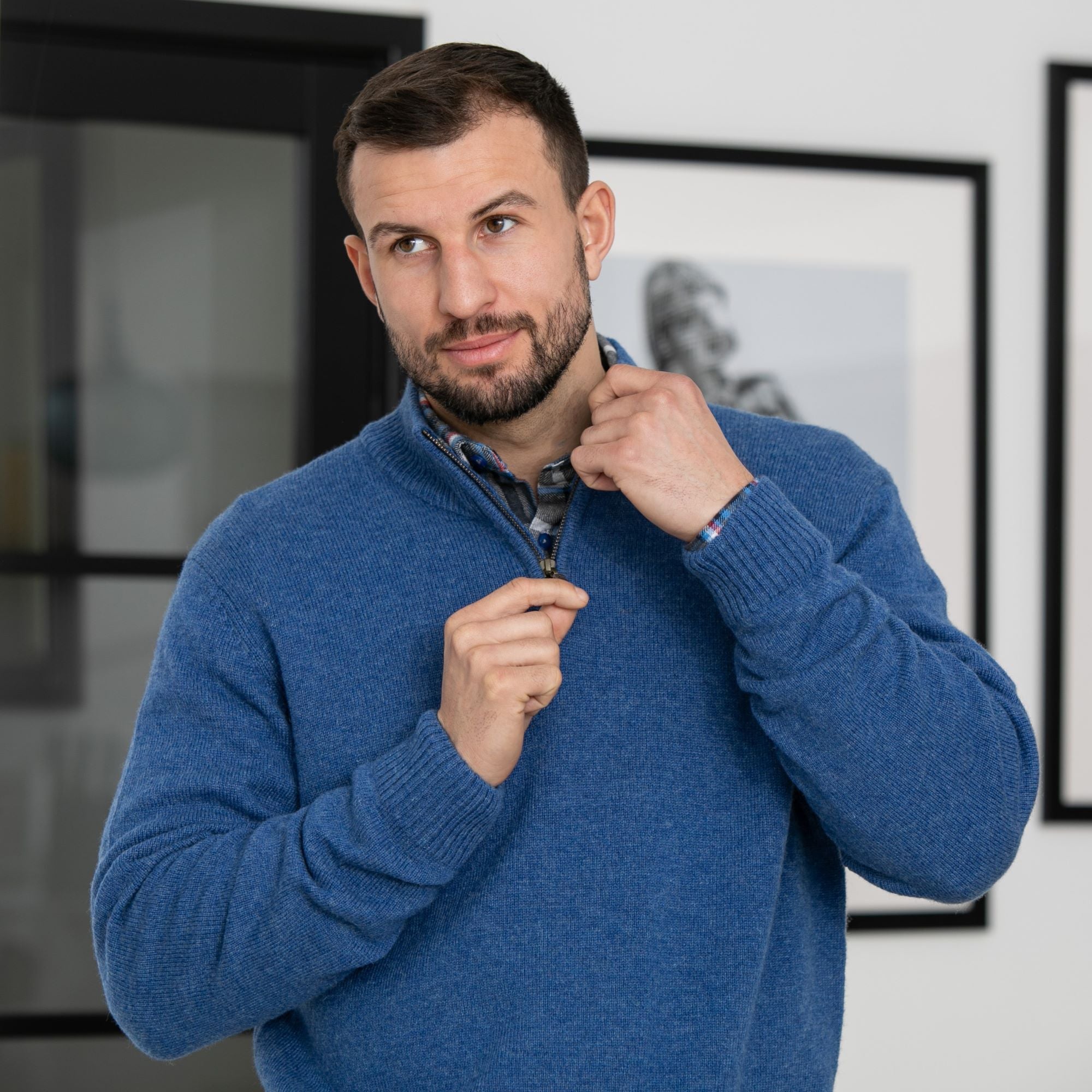 Mens Lambswool Quarter Zip Sweater - Blue