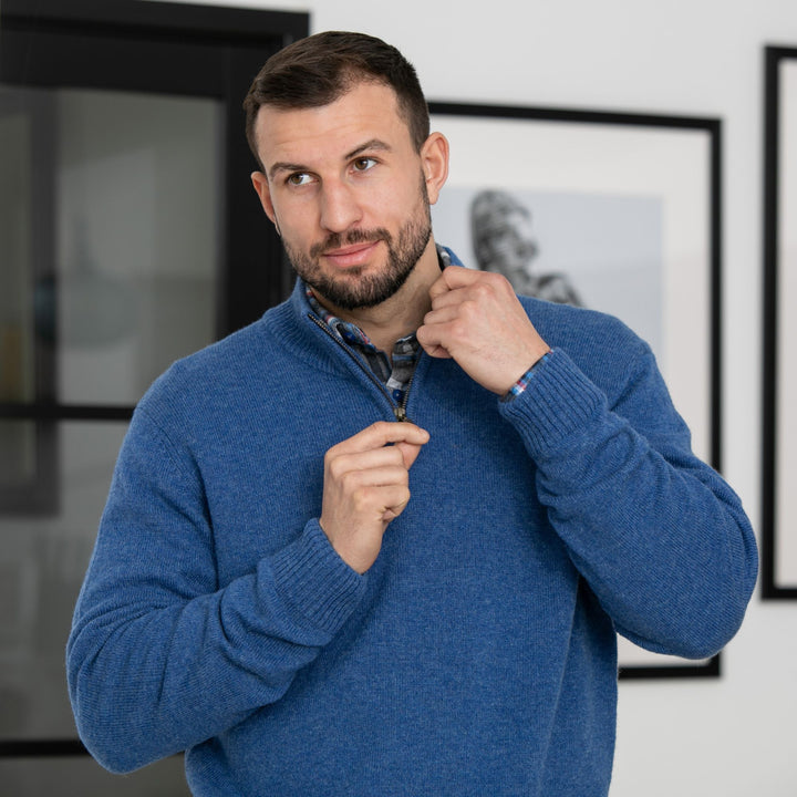 Mens Lambswool Quarter Zip Sweater - Blue