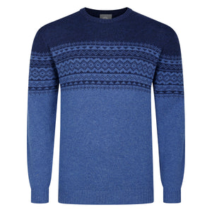 Mens Fairisle Yoke Crew Neck Sweater - Blue
