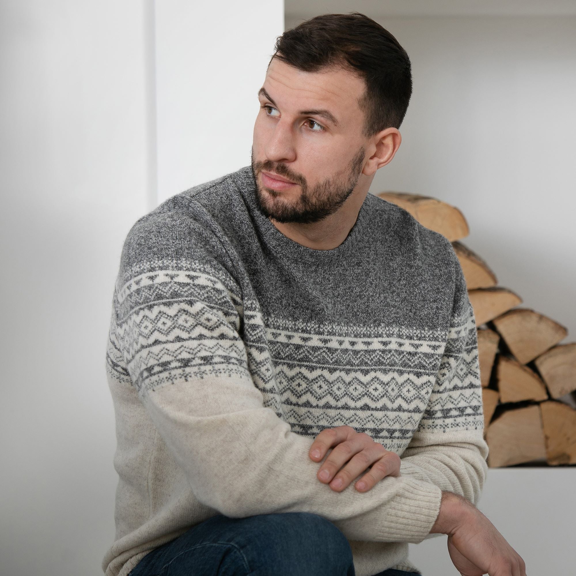 Mens Fairisle Yoke Crew Neck Sweater - Ecru