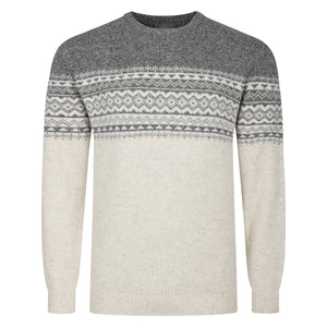 Mens Fairisle Yoke Crew Neck Sweater - Ecru