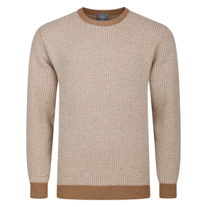 Mens Bi Colour Jacquard Crew Neck Jumper - Caramel