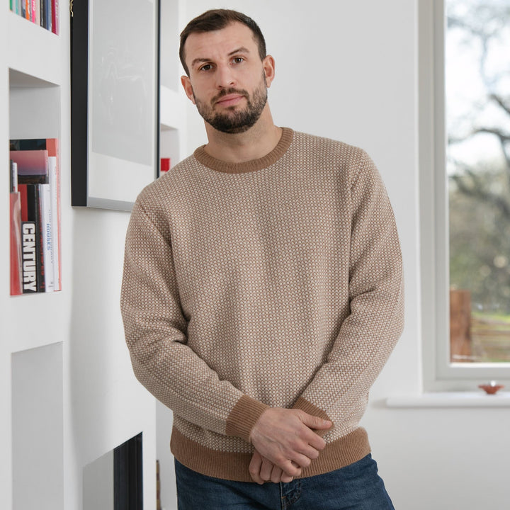 Mens Bi Colour Jacquard Crew Neck Jumper - Caramel