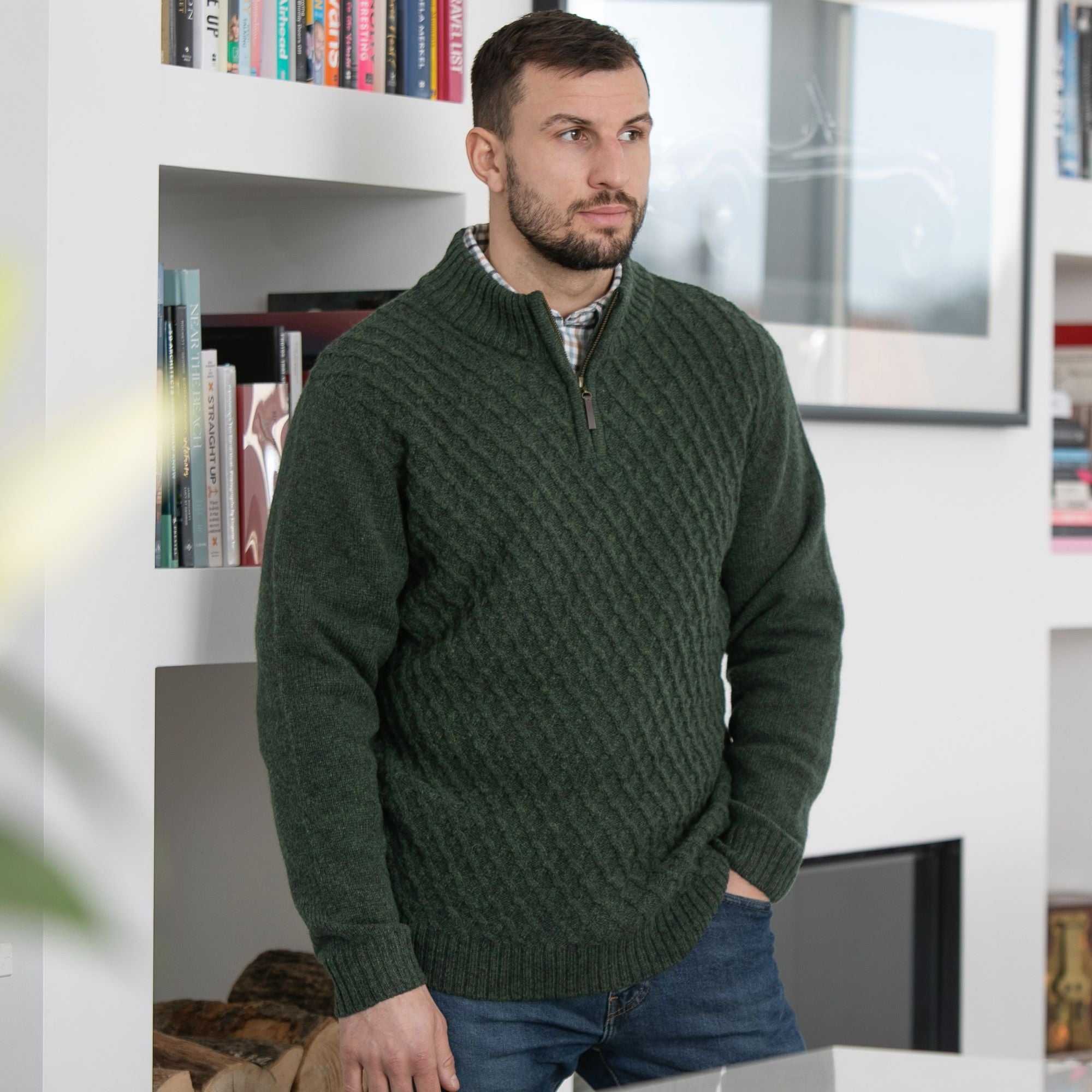 Mens Patterned Quarter Zip Jumper - Forestgreen