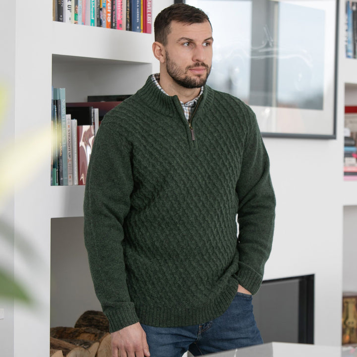 Mens Patterned Quarter Zip Jumper - Forestgreen