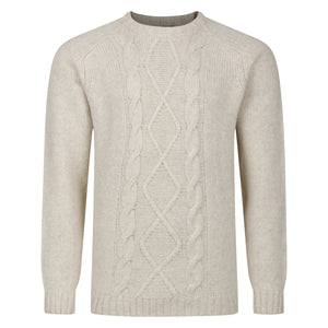 Mens Cable Front Crew Neck Jumper - Ecru