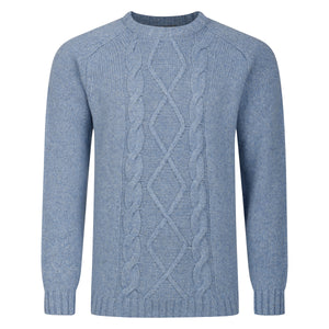 Mens Cable Front Crew Neck Jumper - Sky