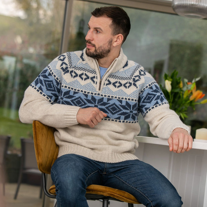 Mens Nordic Quarter Zip Sweater - Ecru