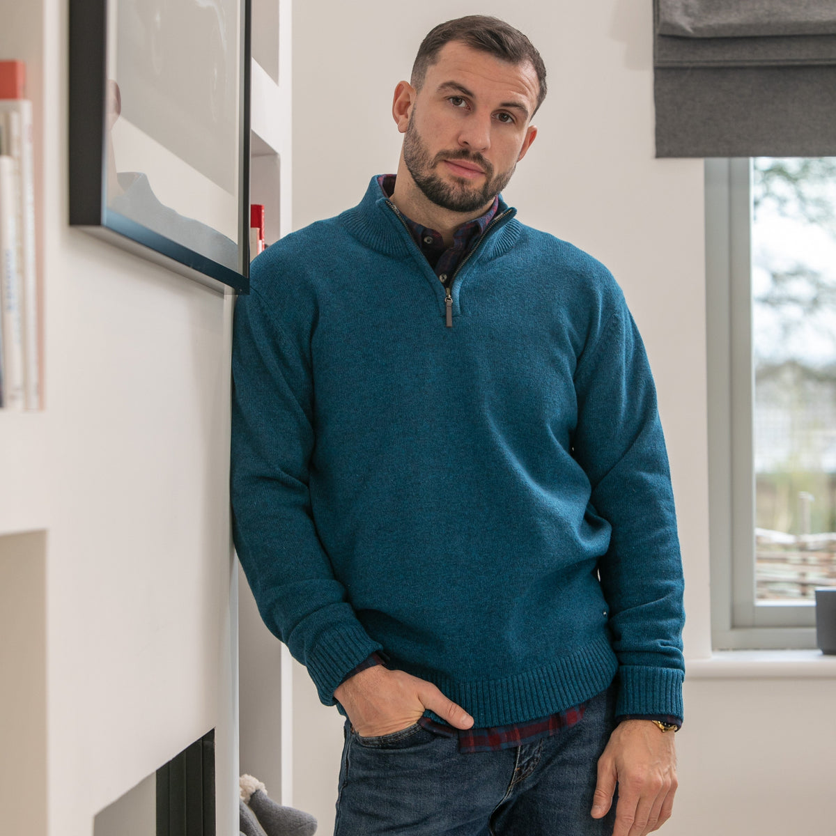 Mens Lambswool ¼ Zip Jumper - Teal