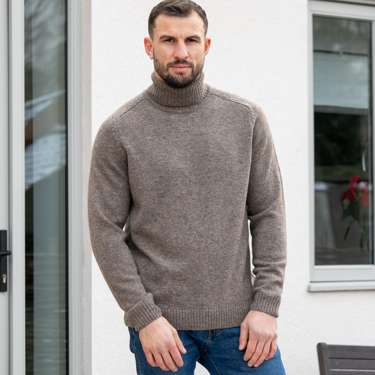 Mens Lambswool Roll Neck Jumper - Taupe