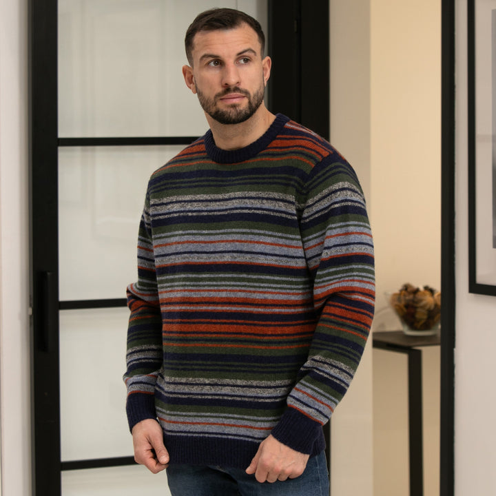 Mens Striped Crew Neck Jumper - Navy