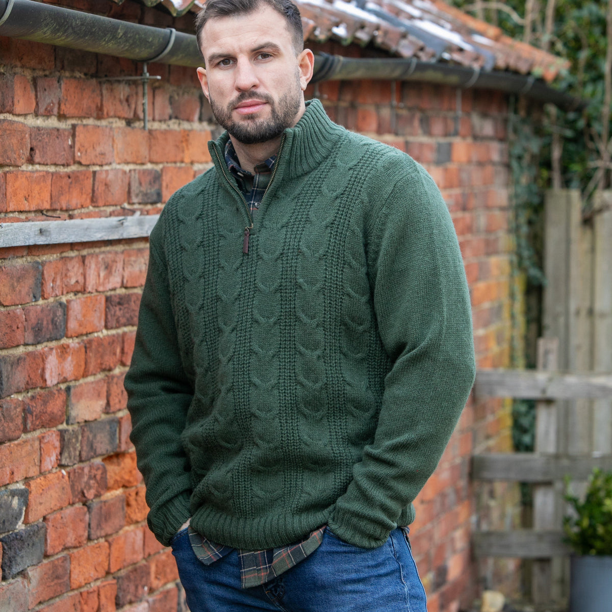 Mens Cable ¼ Zip Jumper - Forest