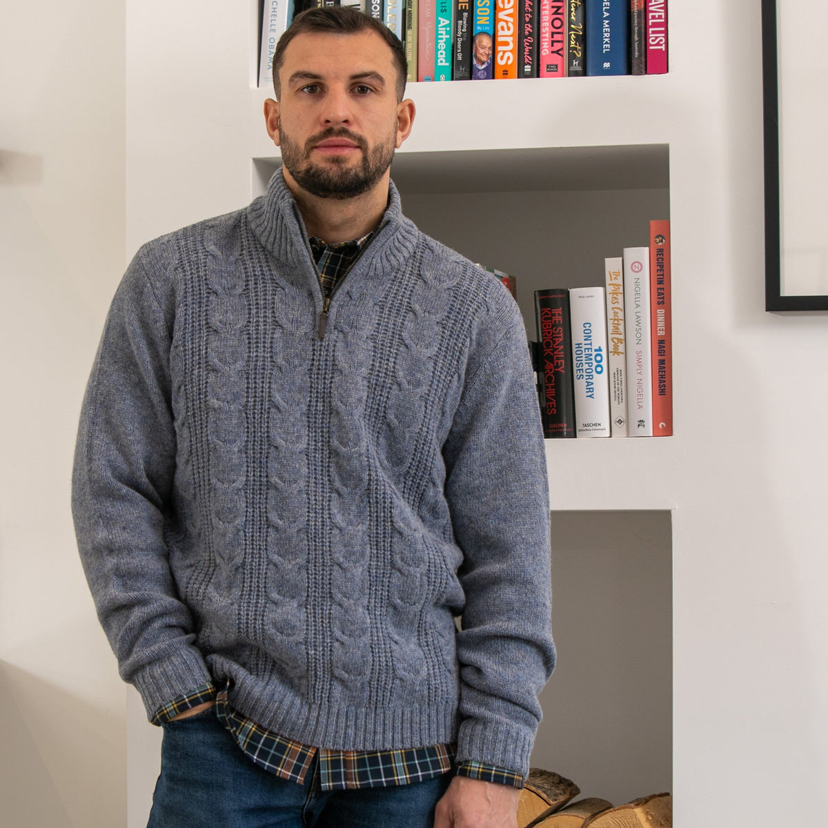 Mens Cable ¼ Zip Jumper - Misty Blue