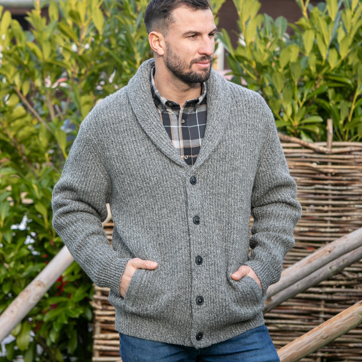 Mens Ribbed Shawl Cardigan - Grey Marl