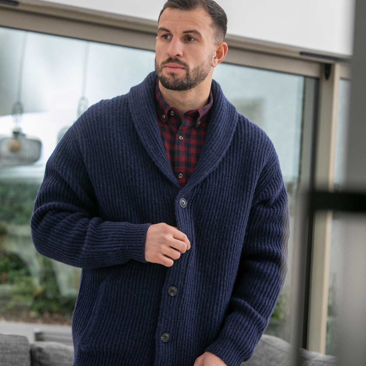 Mens Ribbed Shawl Cardigan - Navy