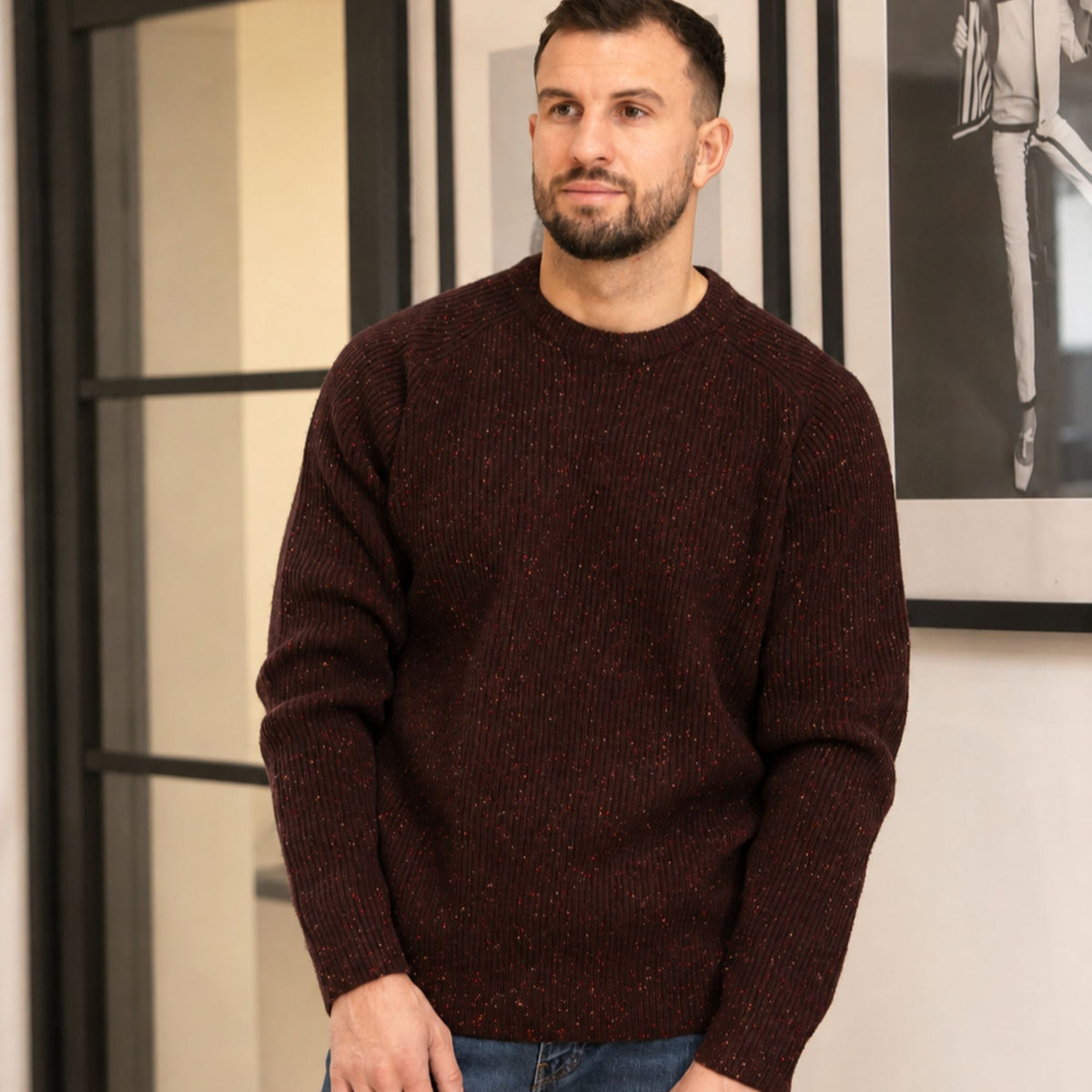 Mens Ribbed Crew Neck Jumper - Damson