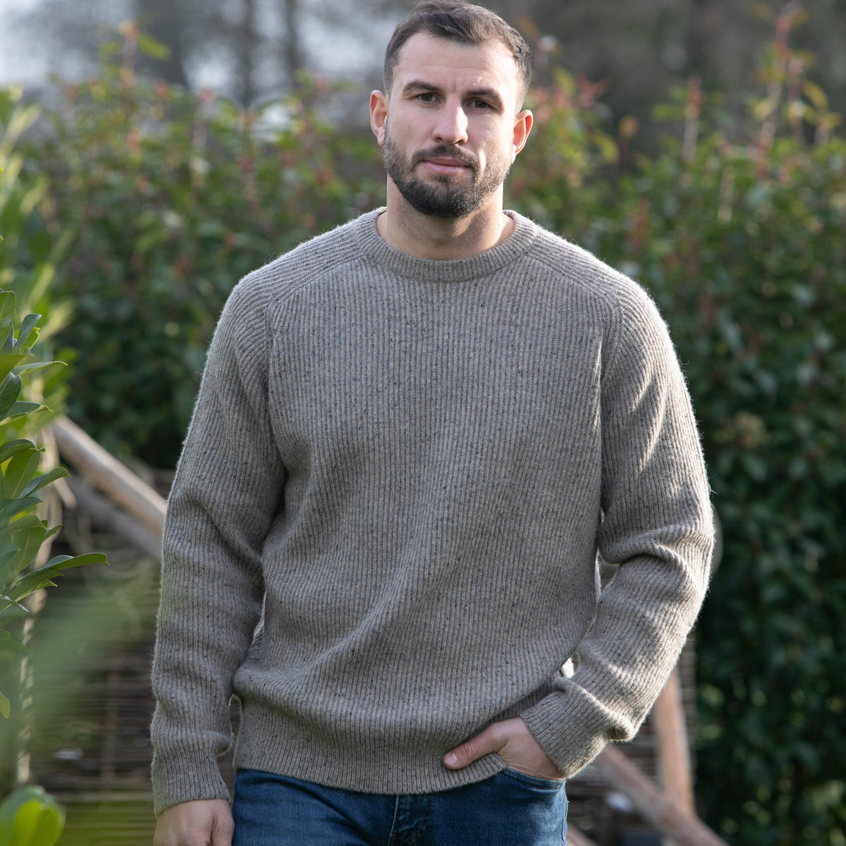 Mens Ribbed Crew Neck Jumper - Mink