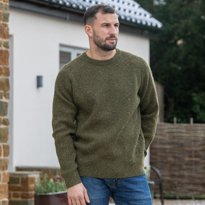 Mens Ribbed Crew Neck Jumper - Olive