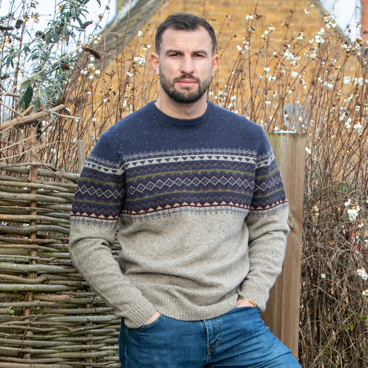 Mens Fairisle Yoke Crew Neck Jumper - Navy