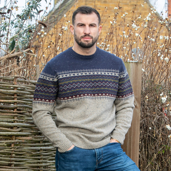 Mens Fairisle Yoke Crew Neck Jumper - Navy