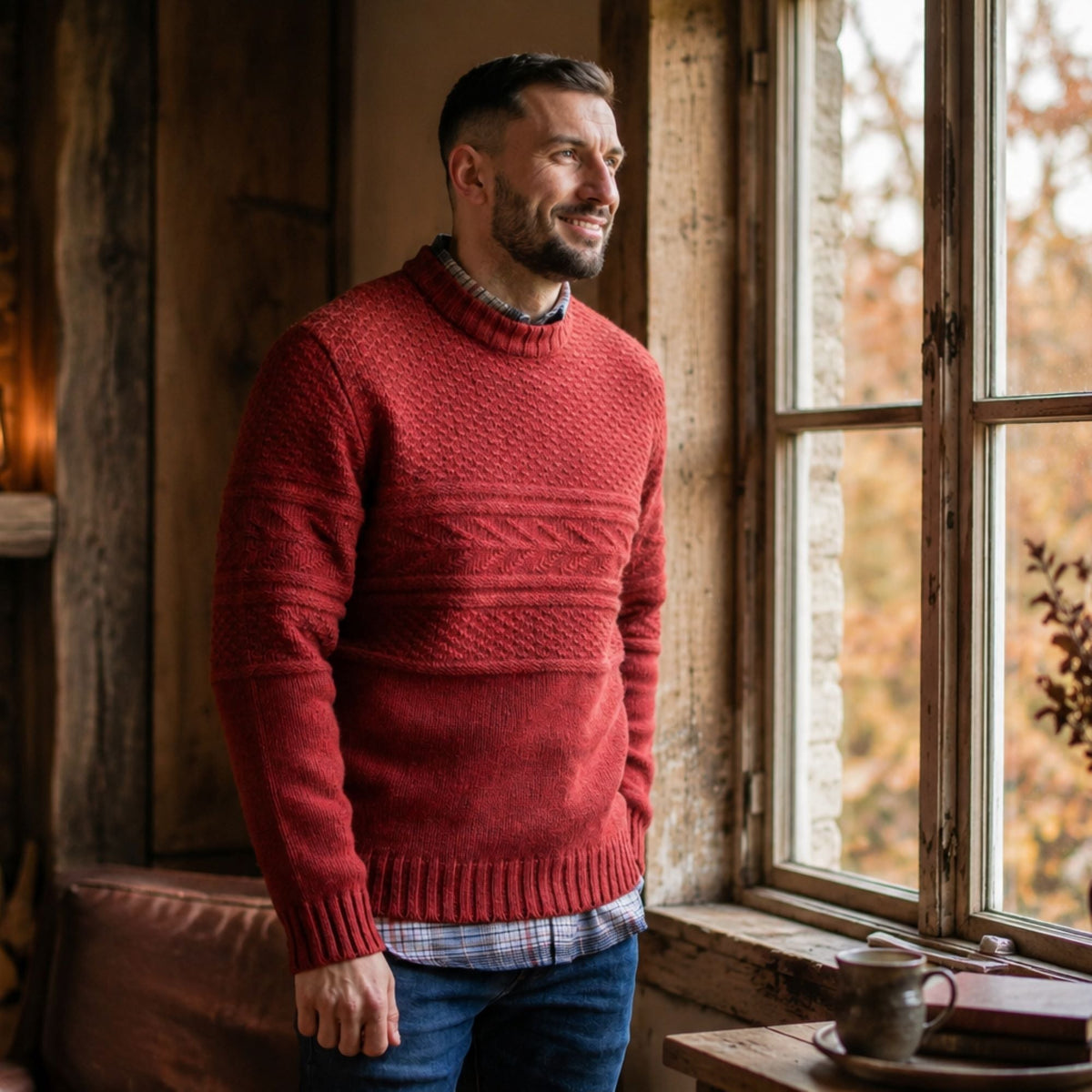 Mens Guernsey Pattern Crew Neck Jumper - Chilli