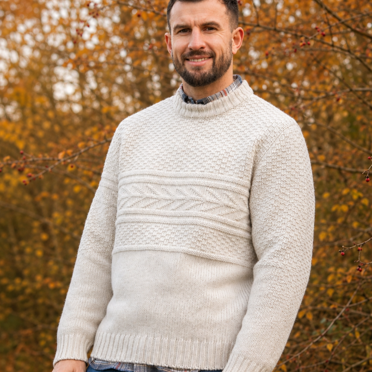 Mens Guernsey Pattern Crew Neck Jumper - Ecru