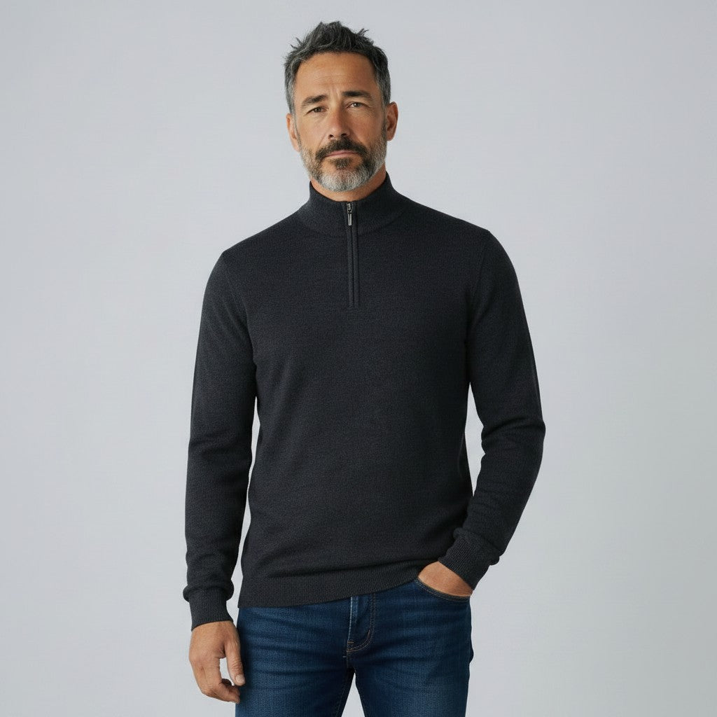 Mens Merino Acrylic Zip Neck Jumper - Black