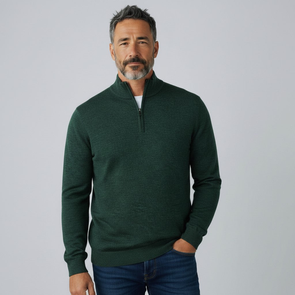 Mens Merino Acrylic Zip Neck Jumper - Forest Green