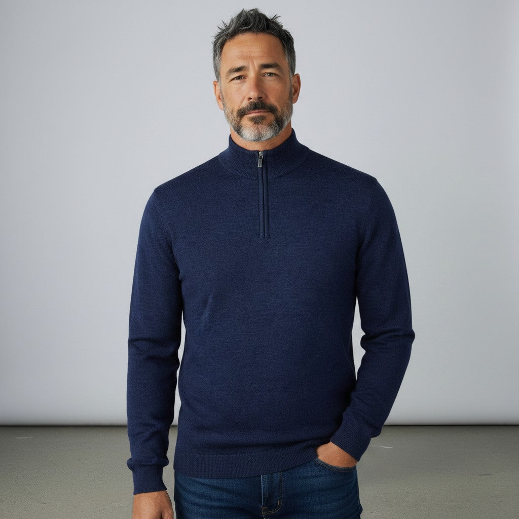 Mens Merino Acrylic Zip Neck Jumper - French Navy