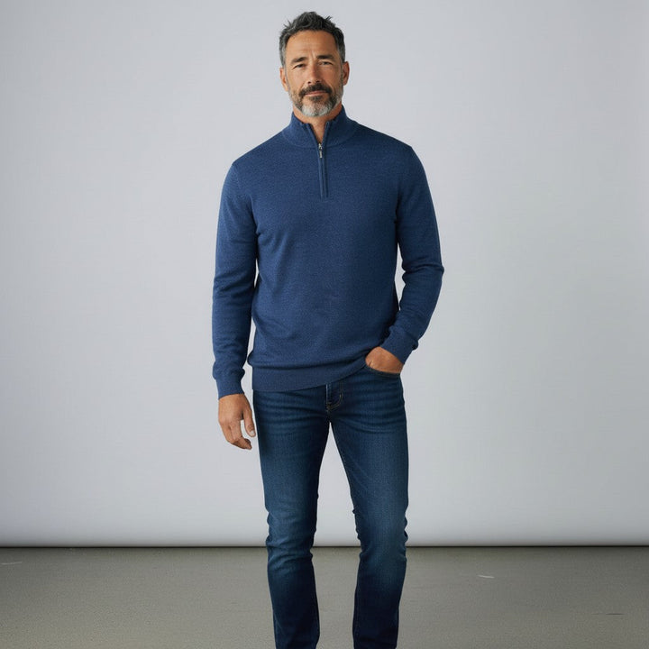 Mens Merino Acrylic Zip Neck Jumper - Indigo
