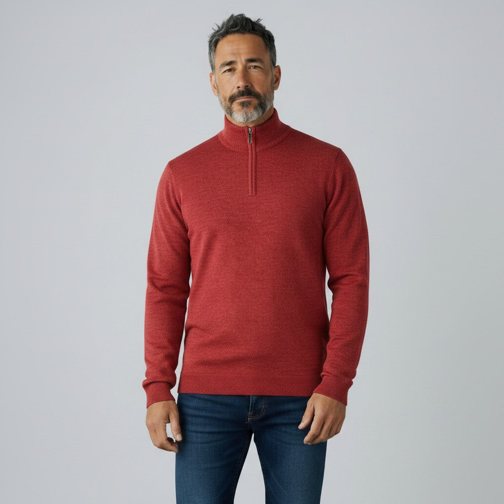 Mens Merino Acrylic Zip Neck Jumper - Paprika
