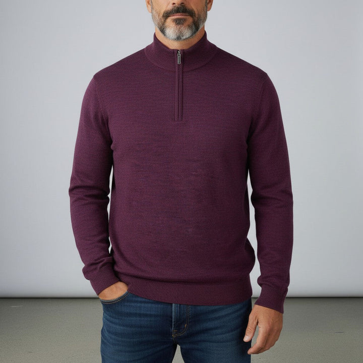 Mens Merino Acrylic Zip Neck Jumper - Plum