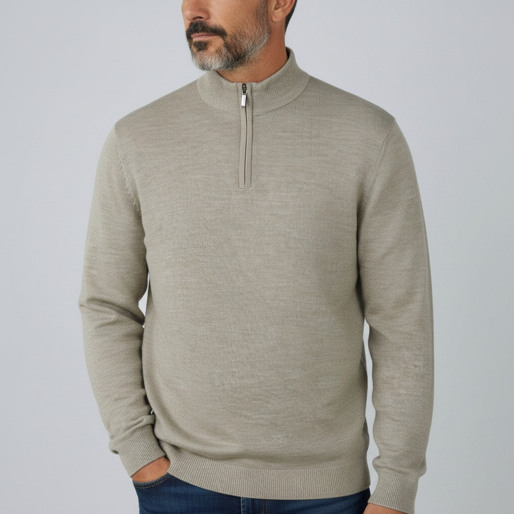 Mens Merino Acrylic Zip Neck Jumper - Taupe