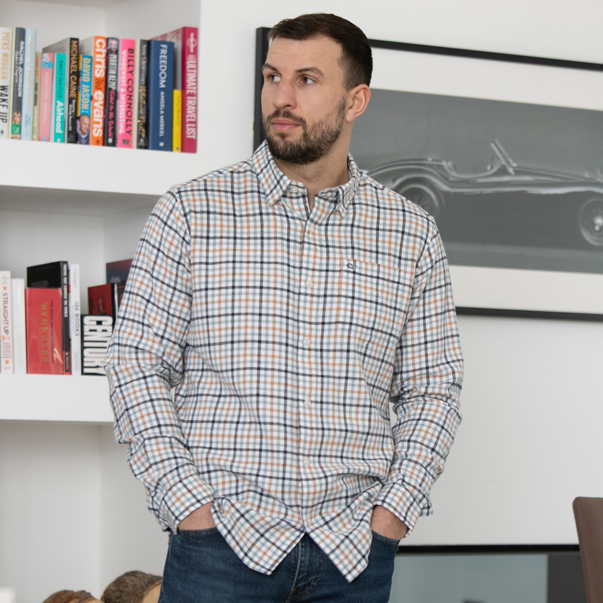 Mens Long Sleeve Cream Check Shirt - Cream