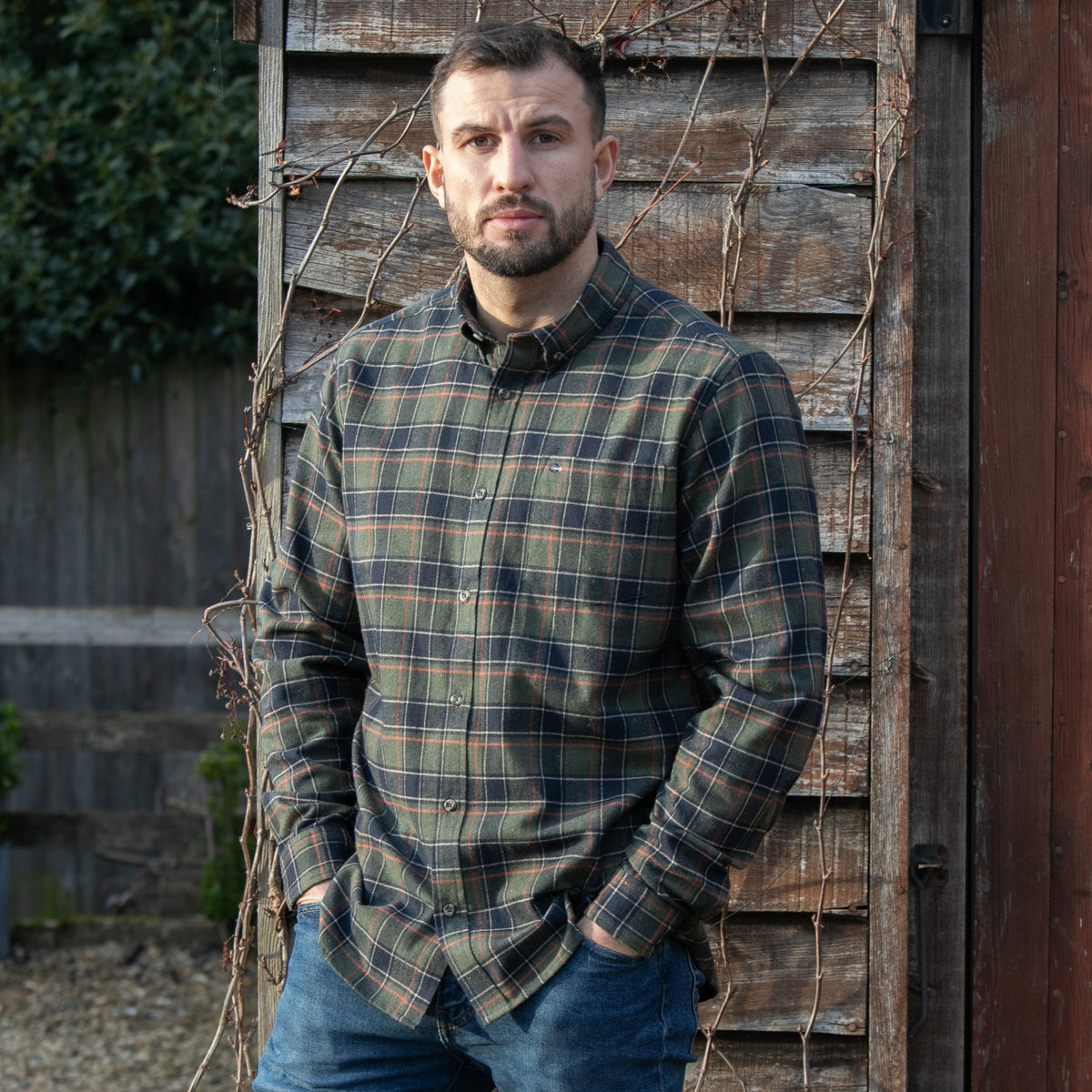 Mens Long Sleeve Check Shirt - Olive