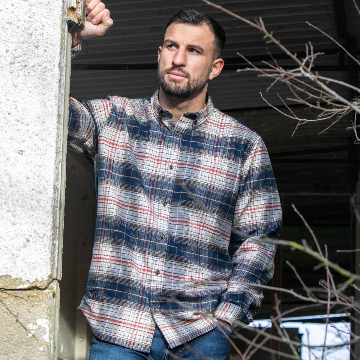 Mens Long Sleeve Check Shirt - Cream