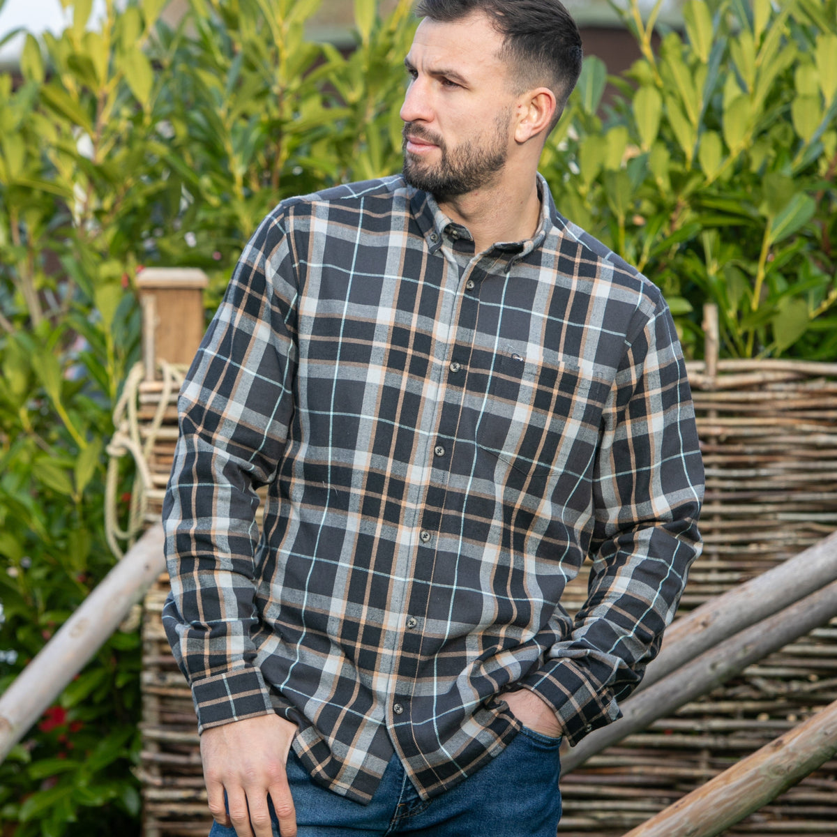 Mens Long Sleeve Check Shirt - Taupe