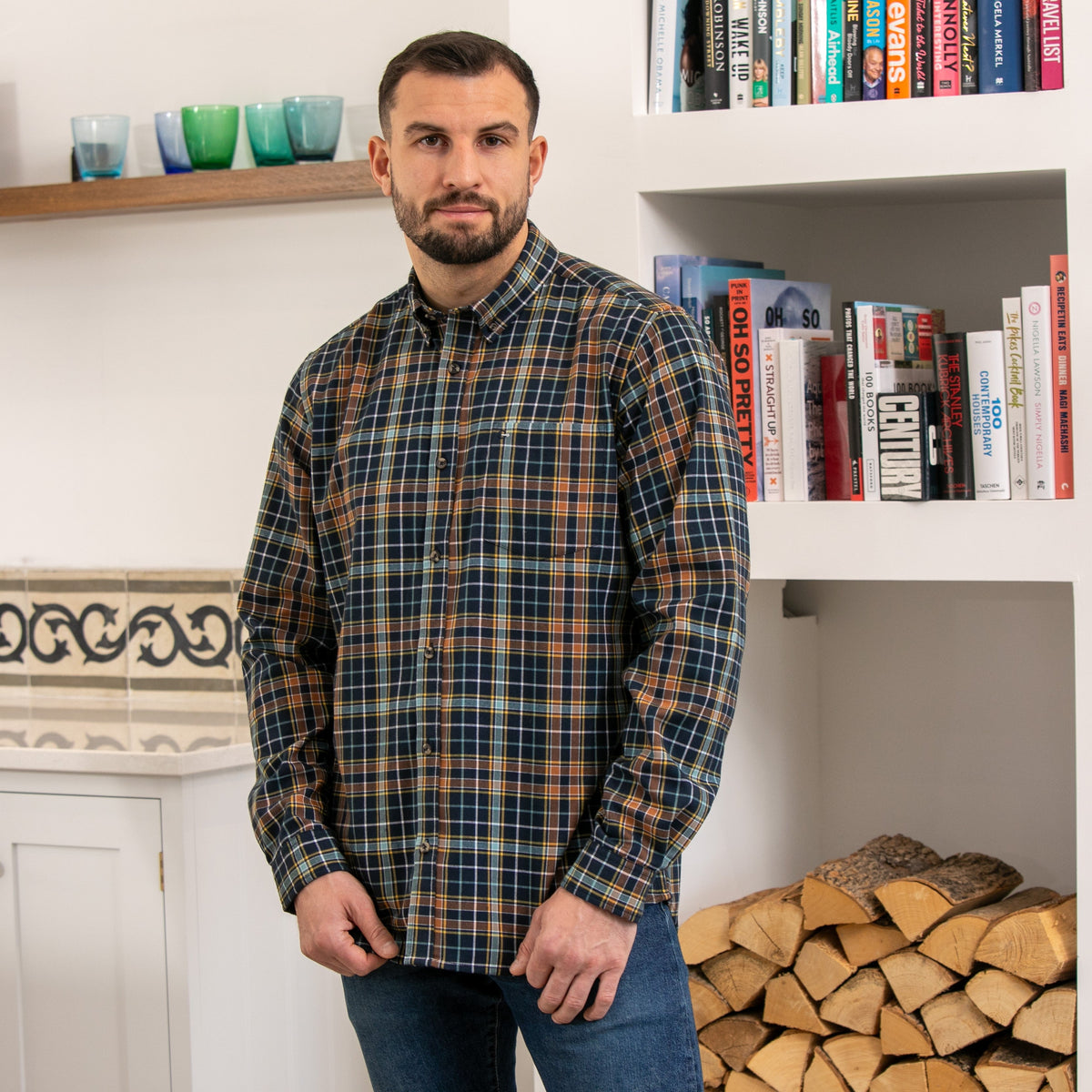 Mens Long Sleeve Check Shirt - Navy